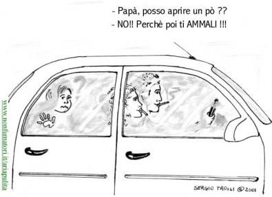 Una simpatica vignetta di Sergio Taossi che ripropone l'opportunità o meno di vietare il fumo in auto, per evitare distrazioni, qualcuno vorrebbe vietarlo anche in Italia sul modello inglese