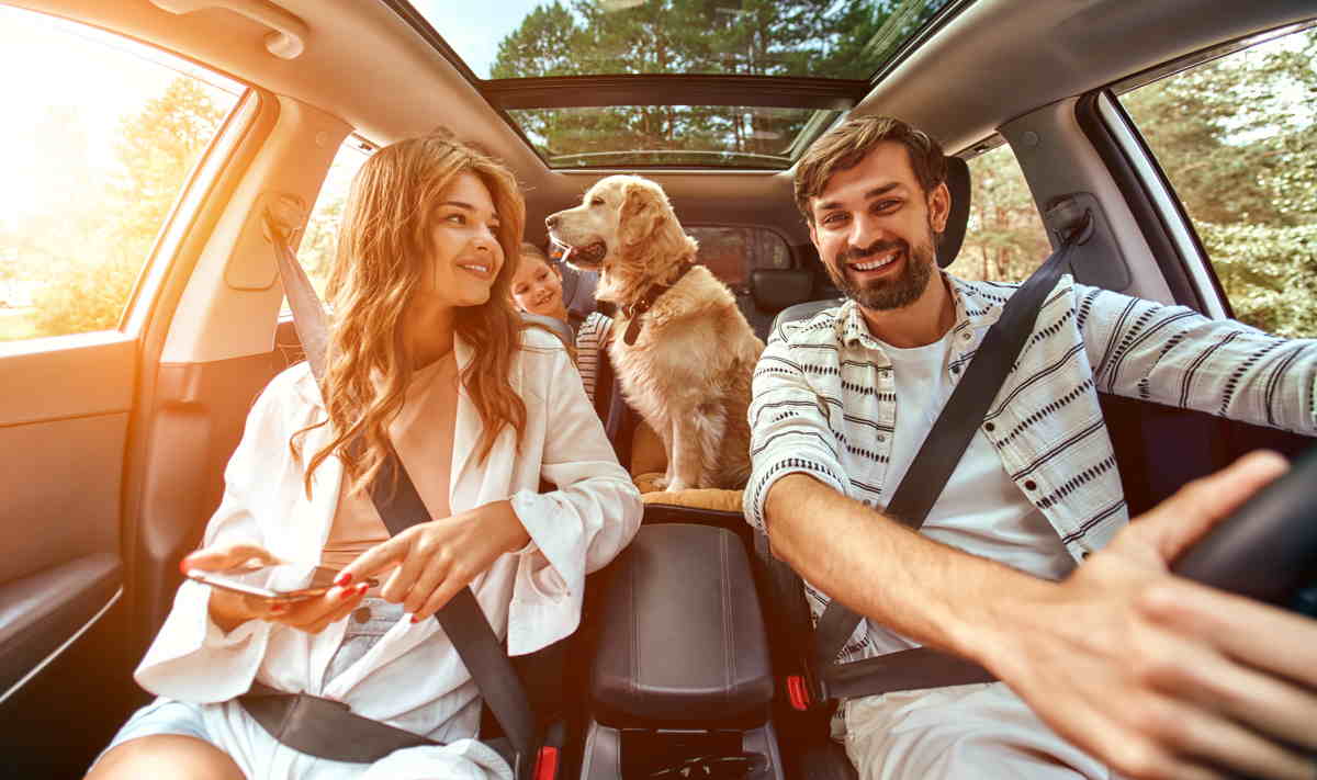 Famiglia viaggia in auto con cane a bordo