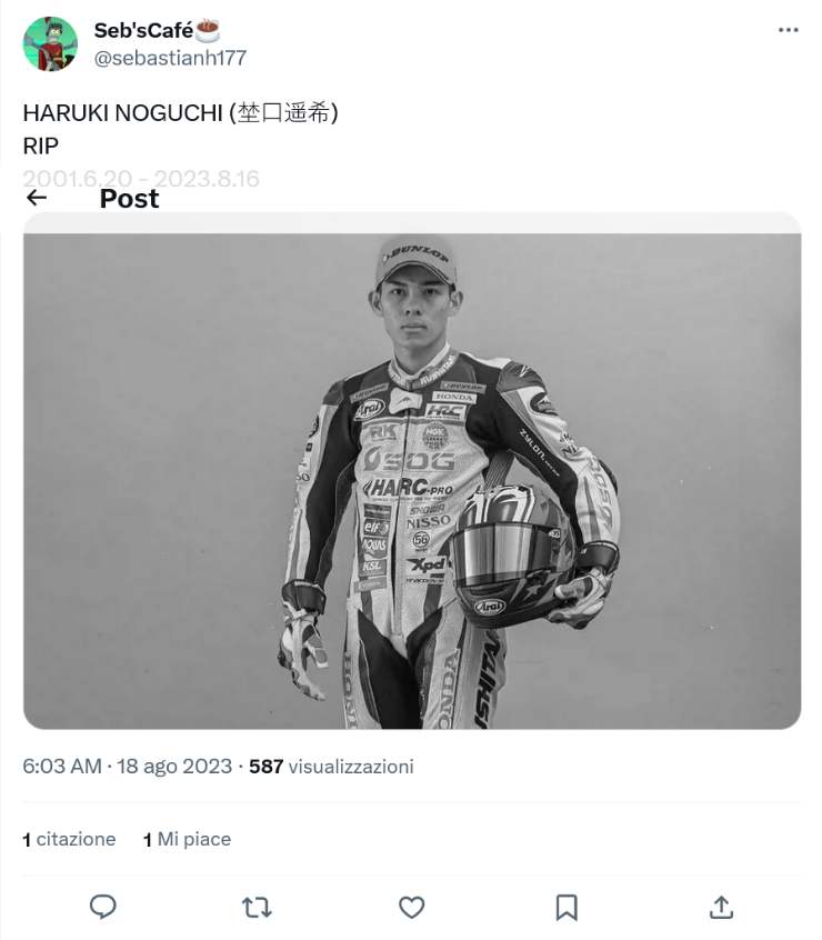 Haruki Noguchi muore in pista