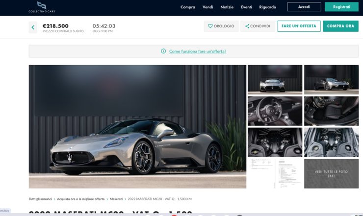Maserati MC20, l'esemplare messo all'asta