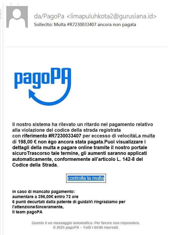 Truffa PagoPA, quando vi arriva quest'email è una fregatura: multa "inventata" dal nulla (FOTO)